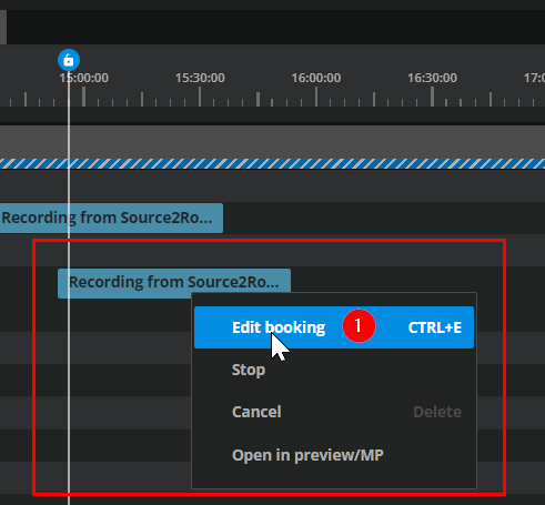 Selecting the editing booking option in the context menu in the timeline.