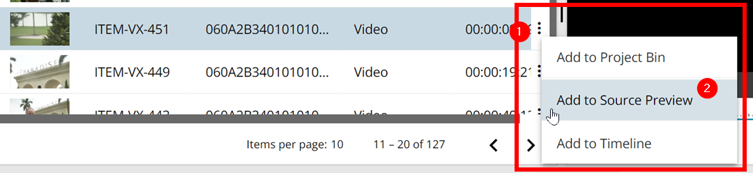 Add media to the source player via context menu option