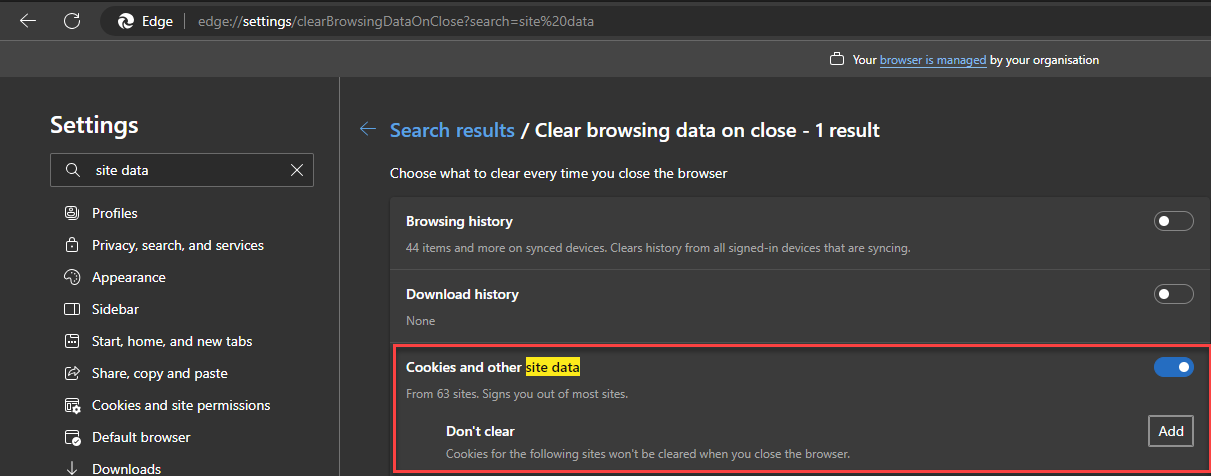 Cookies and other site data option in Chrome