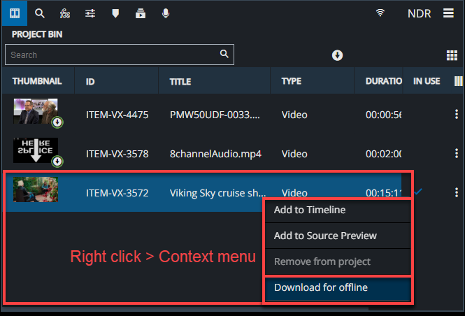 Trigger media download from VidiEditor bin