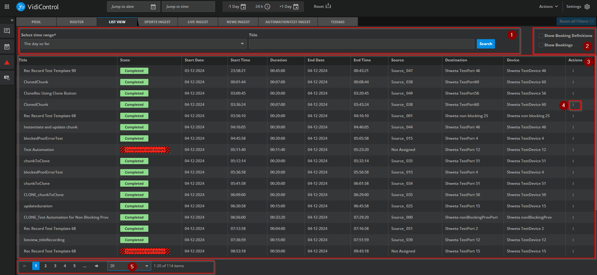 Example of the List View in VidiControl