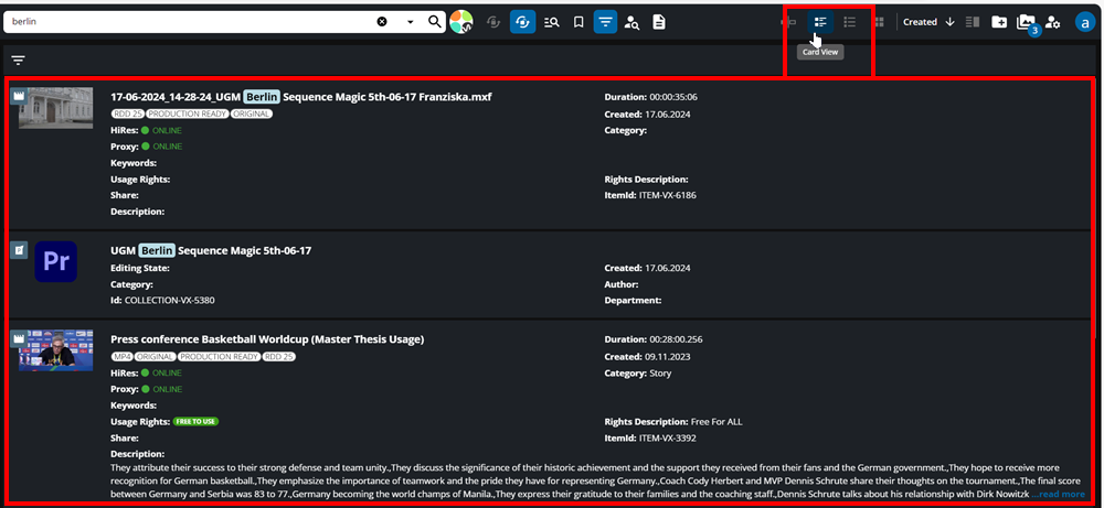 Example of Card View in search results
