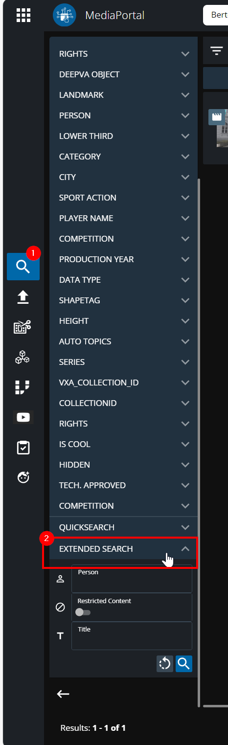 Extended search options under the filters bar