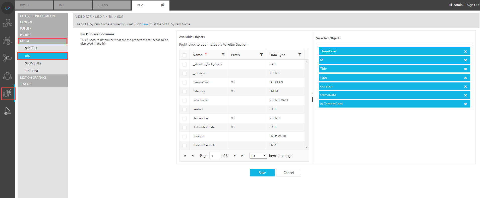 Project Bin Grid metadata configuration