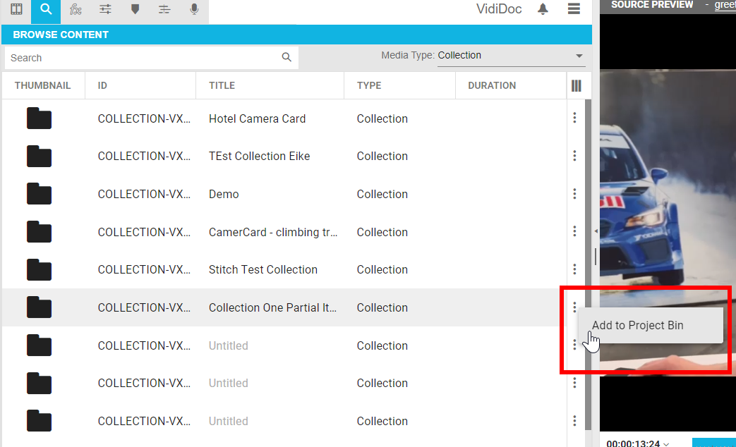 Adding a collection via the context menu