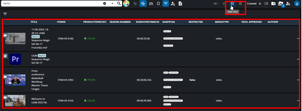 Example of Table View search results