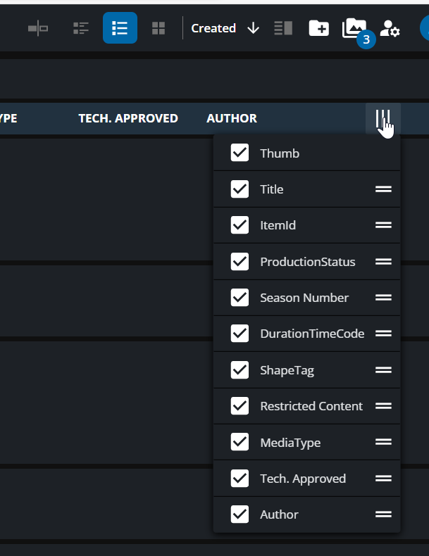 Selecting and arranging metadata fields in Table View