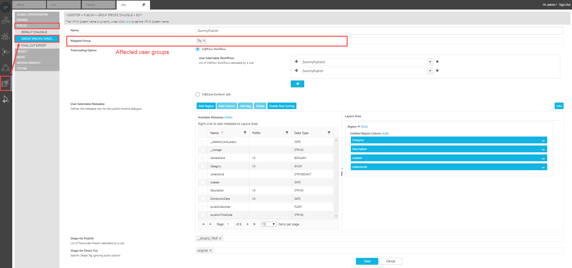 Available switches in the Group Specific Dialog