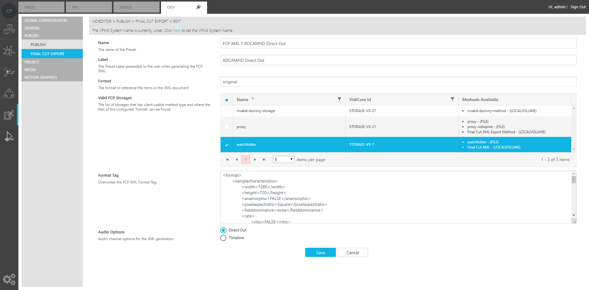 Configuration option for Final Cut