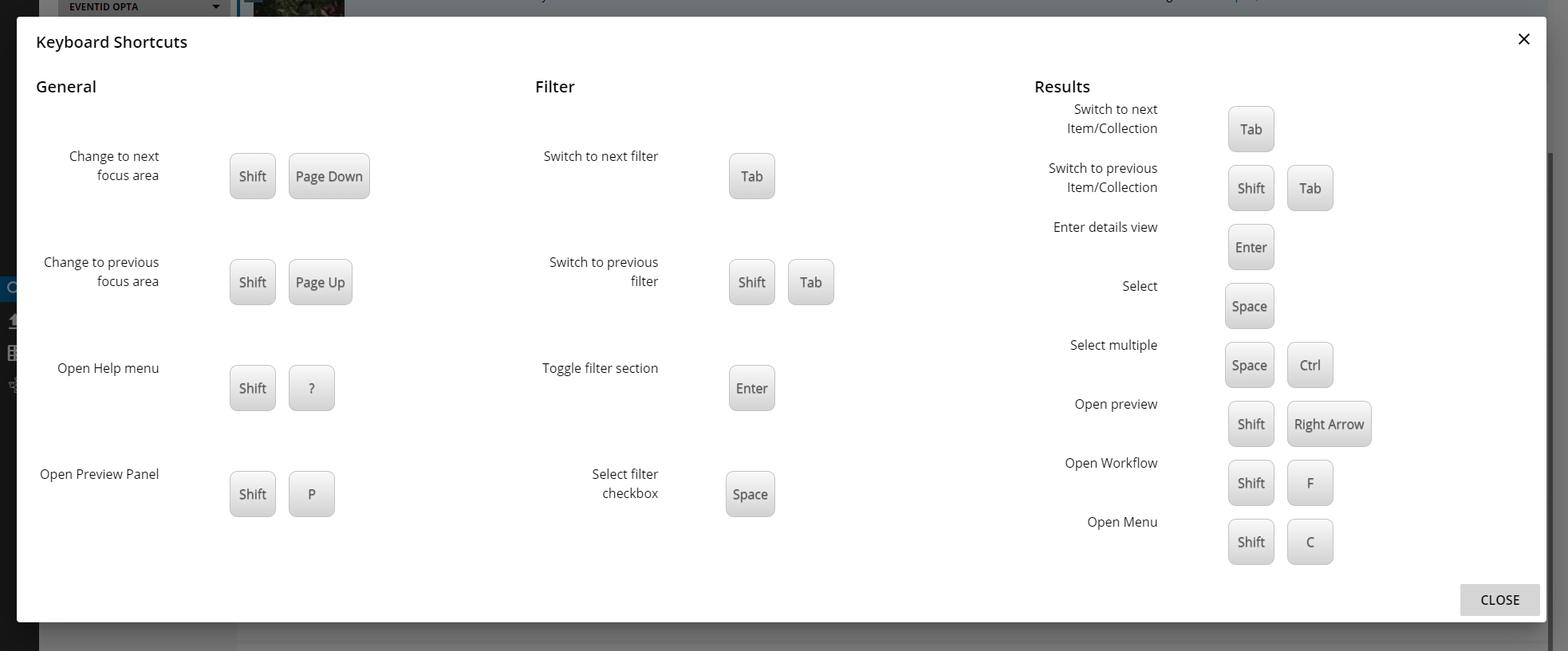 Keyboard shortcuts with shift plus