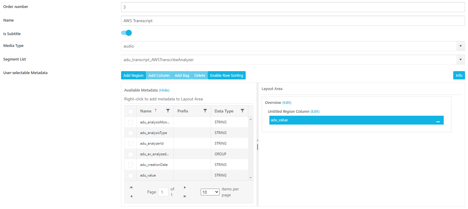 Selecting which metadata groups are shown and their arrangement for each definition.