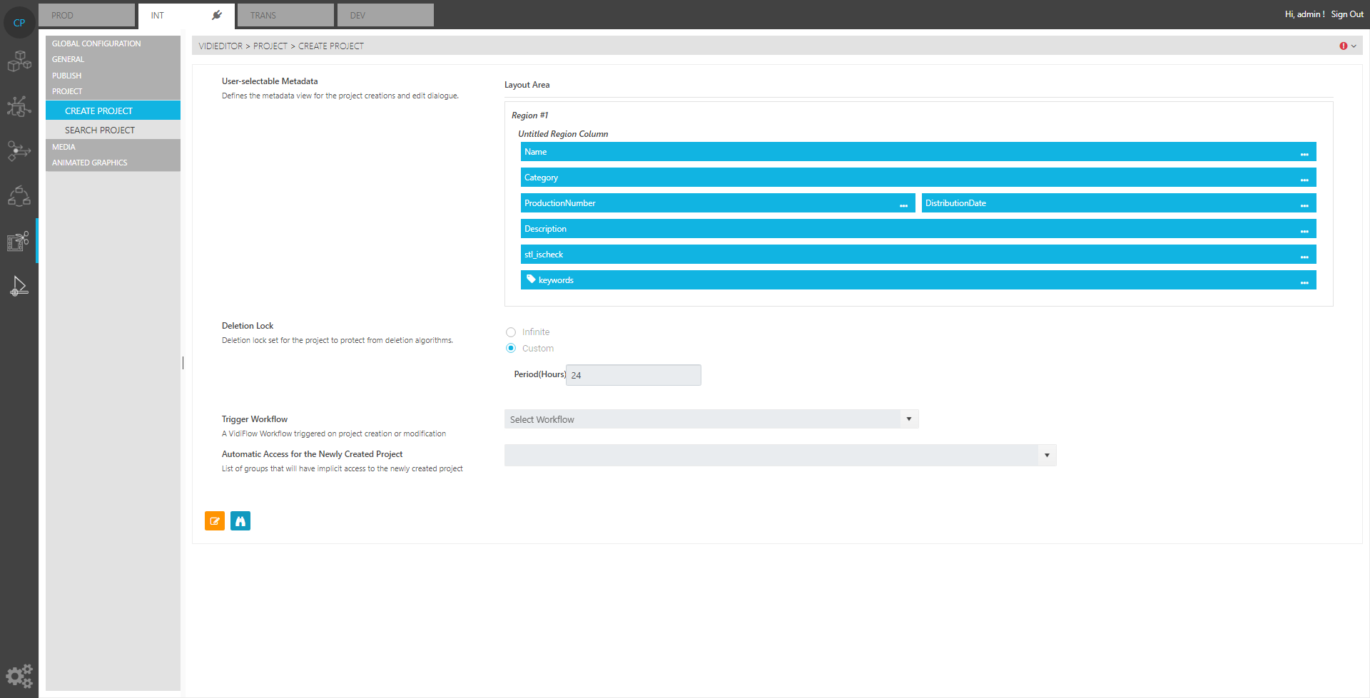 Specifying metadata for project creation