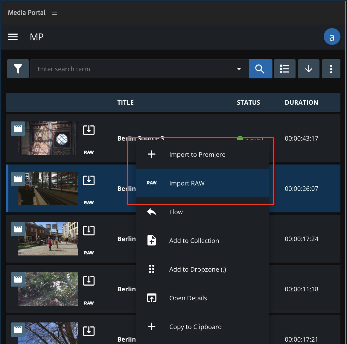Asset options after searching