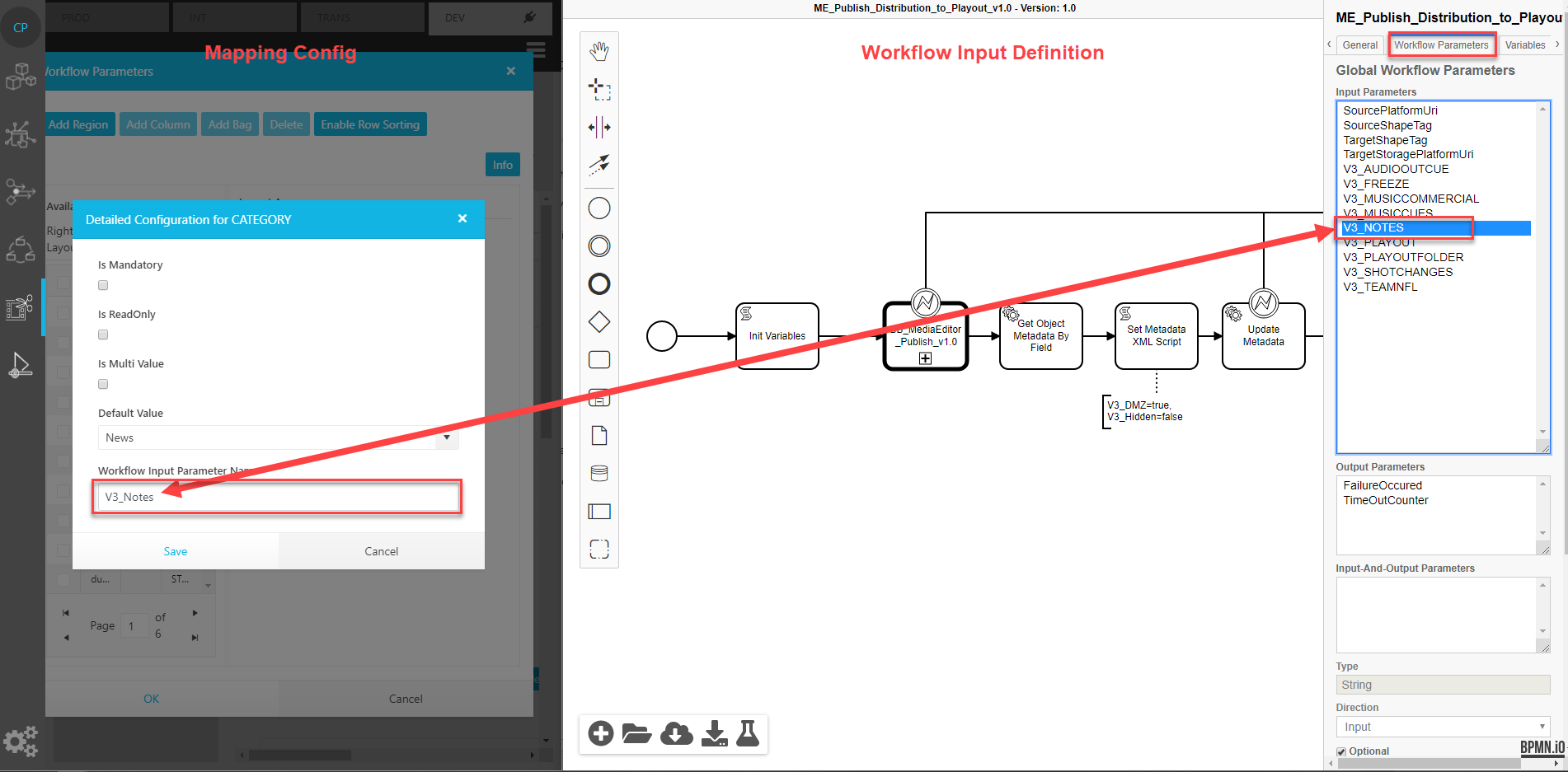 Example of mapping between ConfigPortal and VidiFlow