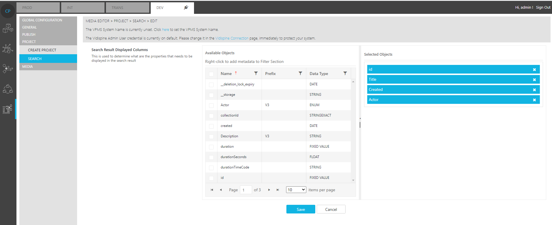 Specifying metadata for project search