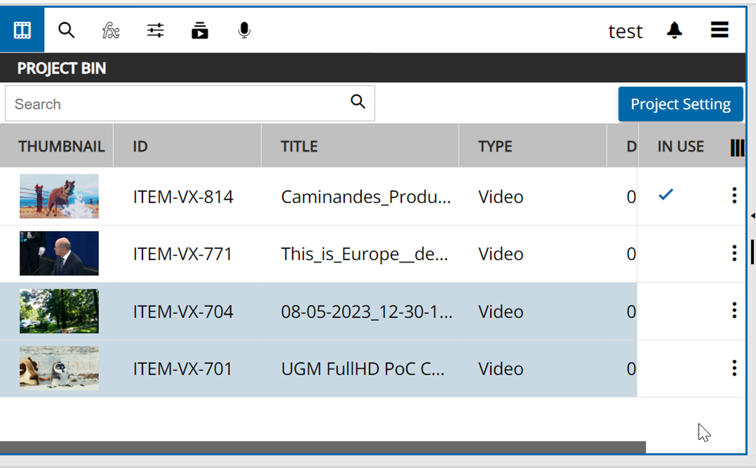 Selecting existing elements in the project bin area