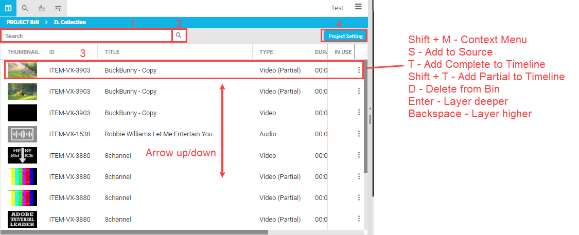 Keyboard navigation in the Project Bin on Media