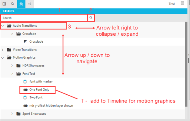 Keyboard navigation in effects pane