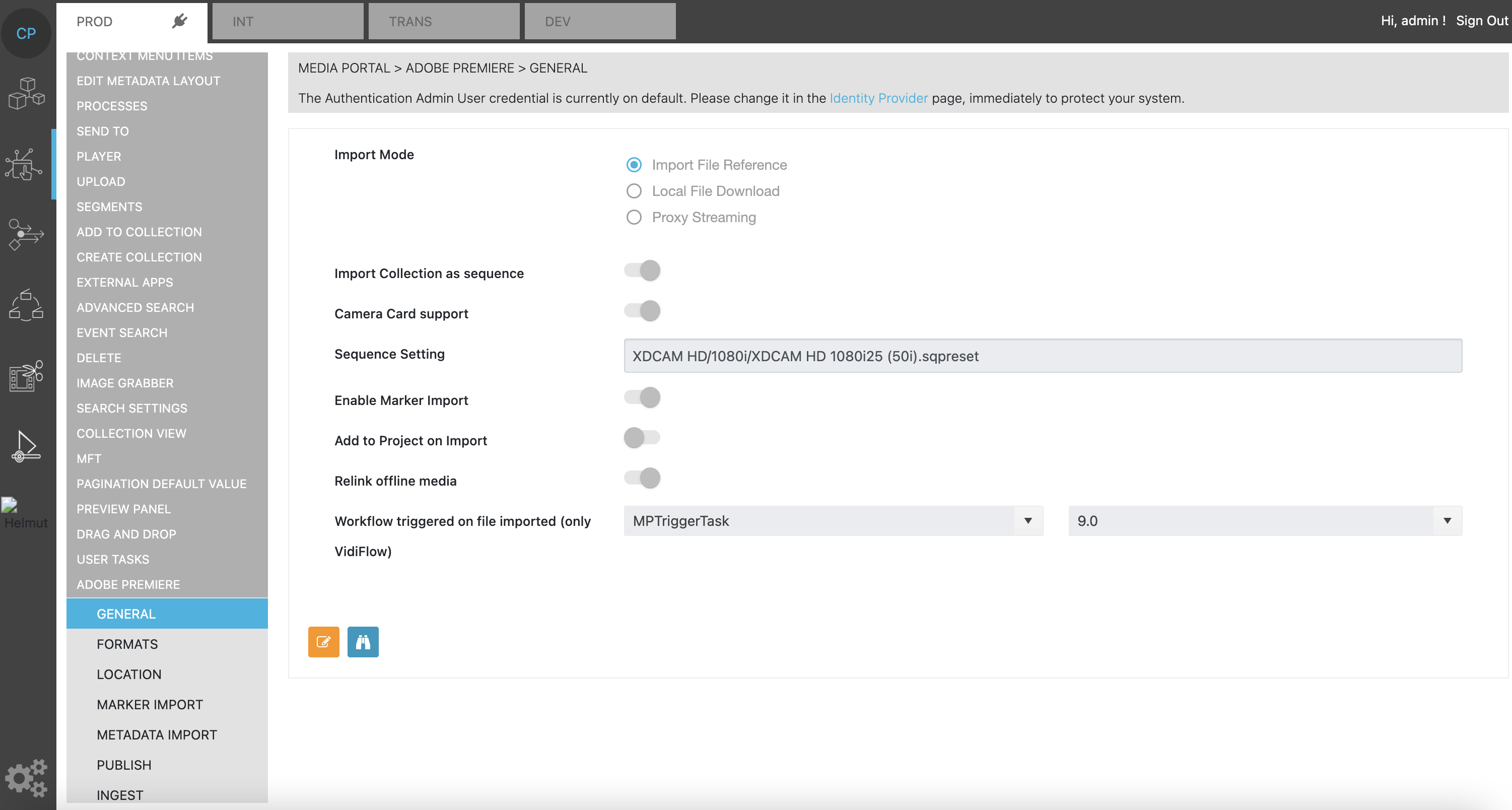 Sequence settings in ConfigPortal