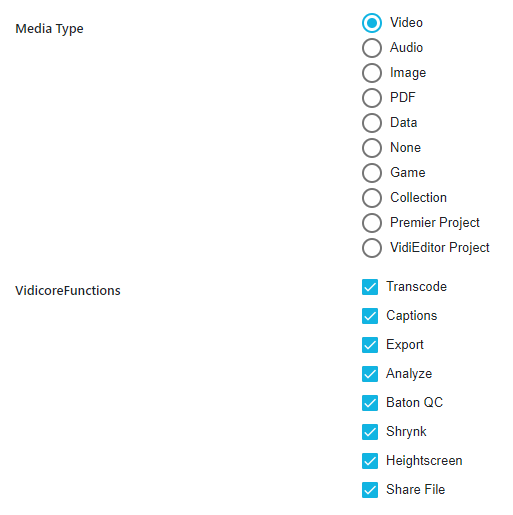 Pre define VidiCore job availability for different media types