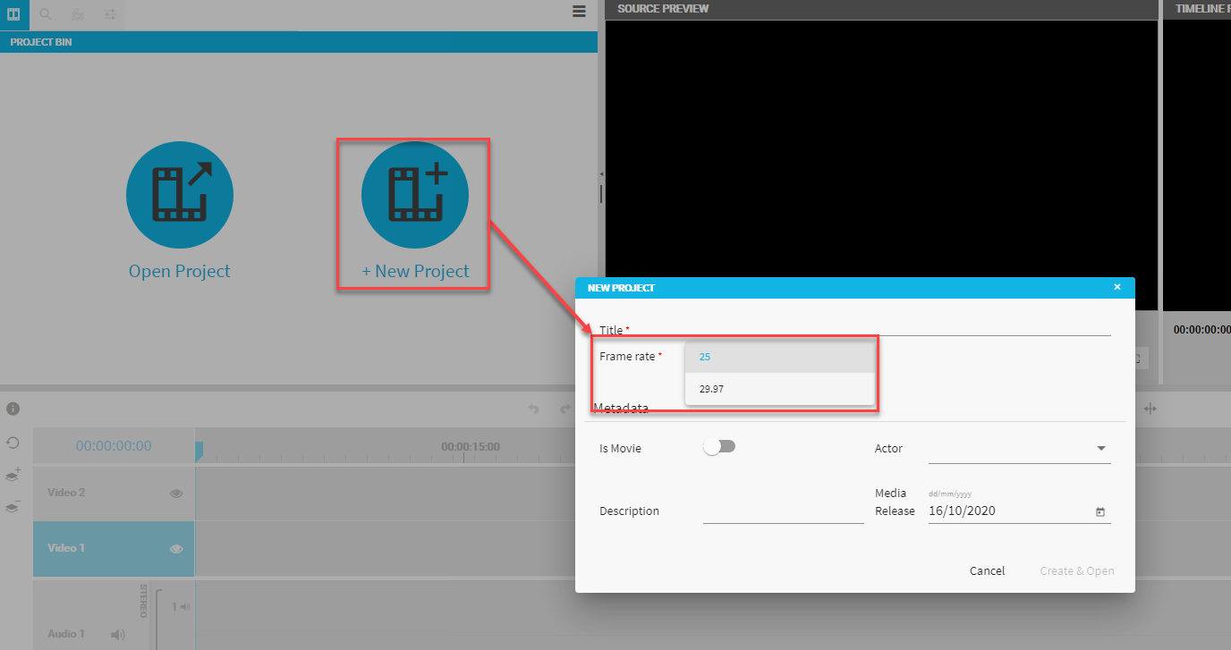 Framerate selection when creating a new project