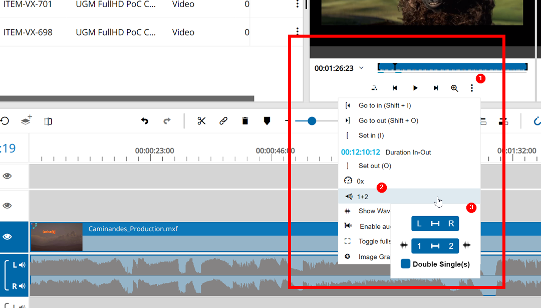 Select audio channels in the timeline