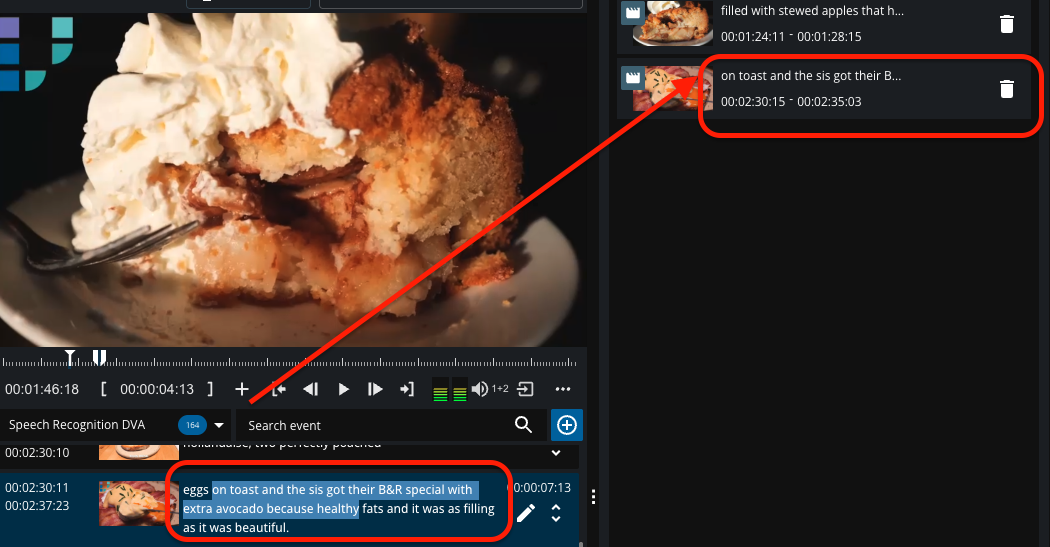 Mark words from the segment and hit 'Plus' on player will add that segment to Dropzone