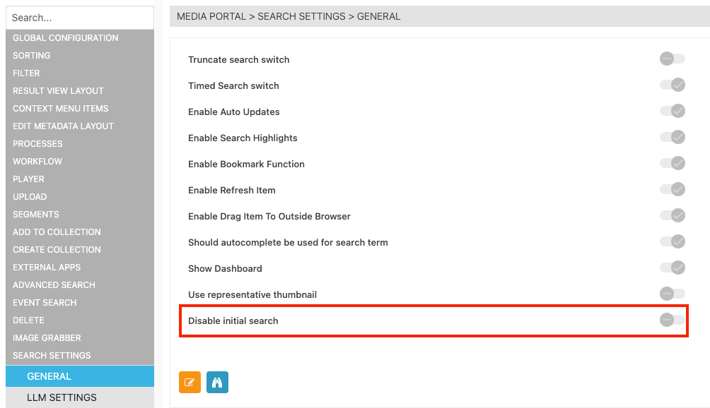 Initial search toggle