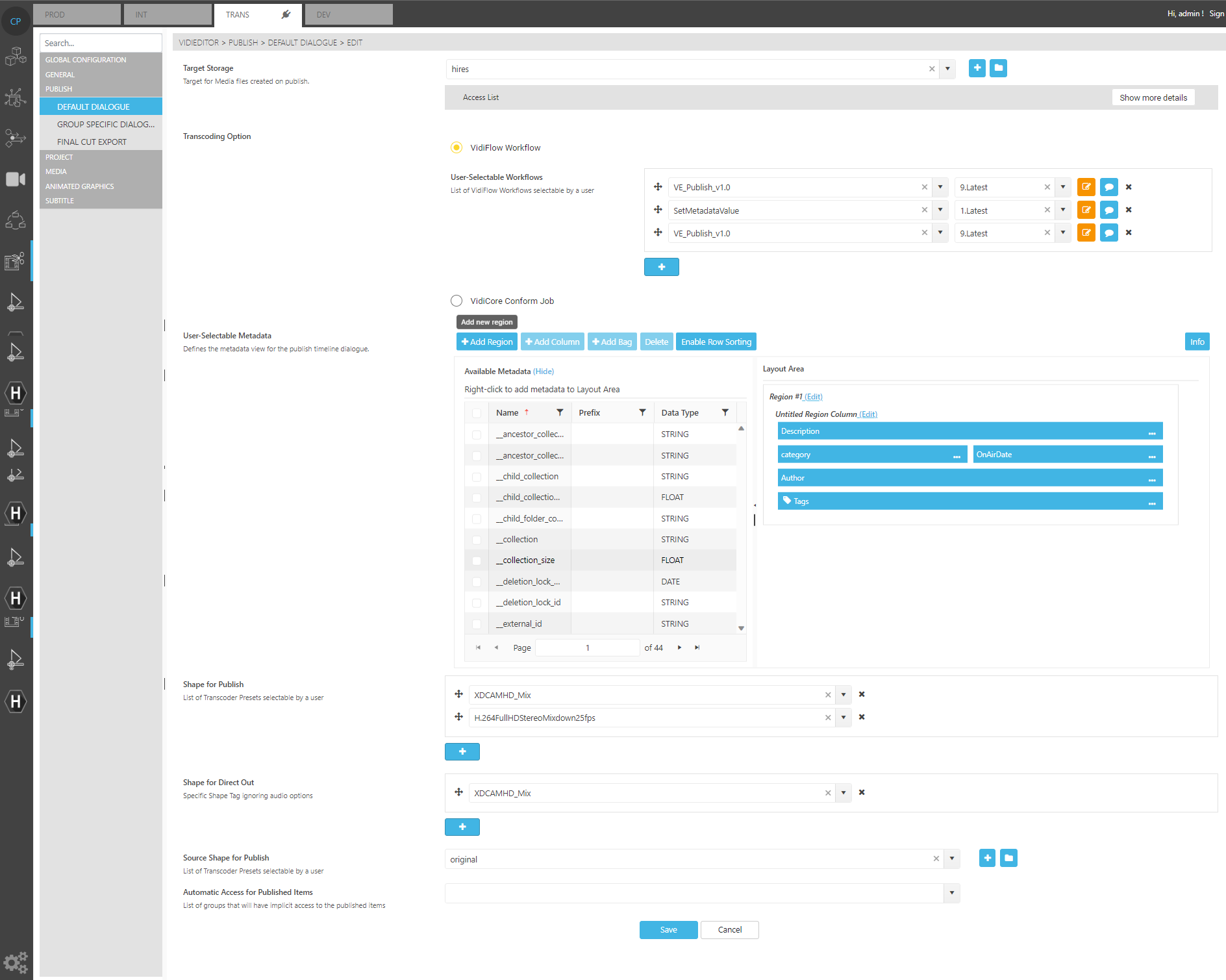 Configuration options available in this page
